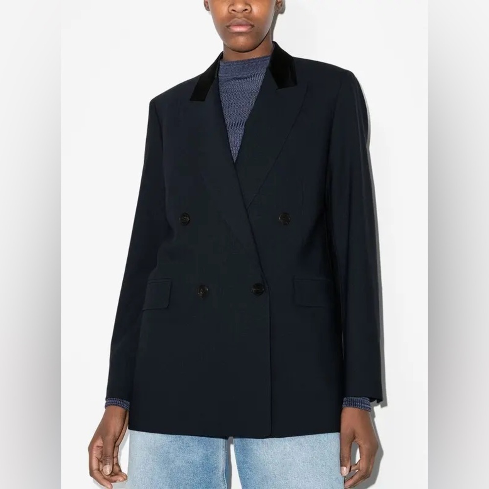 NWT FRAME Navy Double-Breasted Blazer with Satin Collar – Size M/L